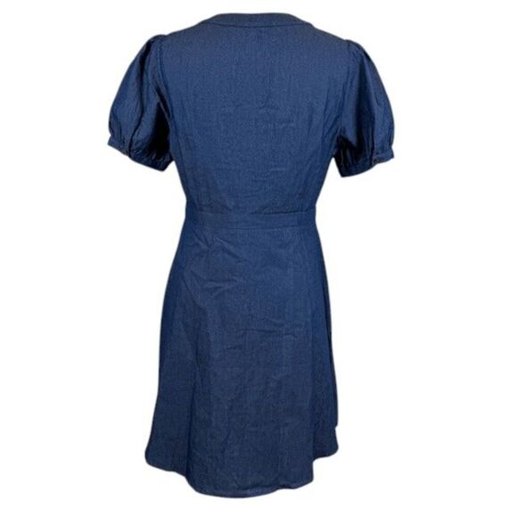 Allegra K Chambray Mini Dress Short Puff Sleeve Pintucks Button Front Size Small - Picture 4 of 11